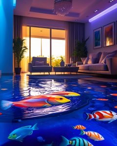 3D flooring design created using high-gloss colored epoxy resin
